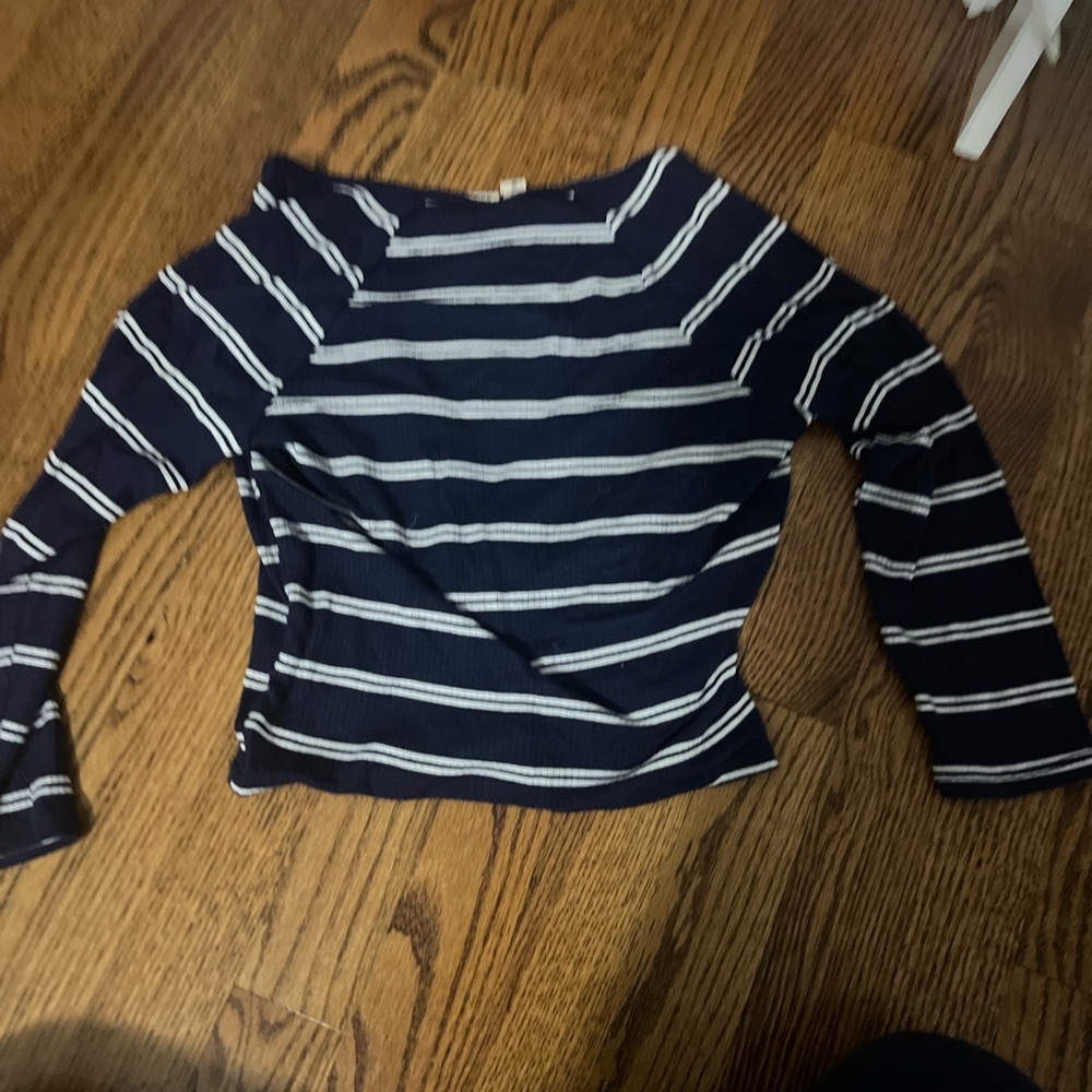 Navy and white striped wrap long sleeve top